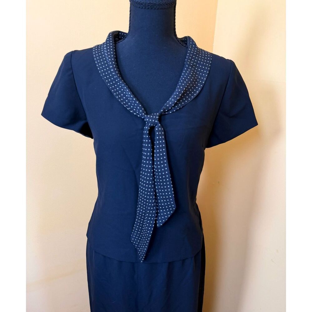 Vintage 80s Corporate Goth Black Dress Polka Dot Tie Academic Retro Style Sz 10